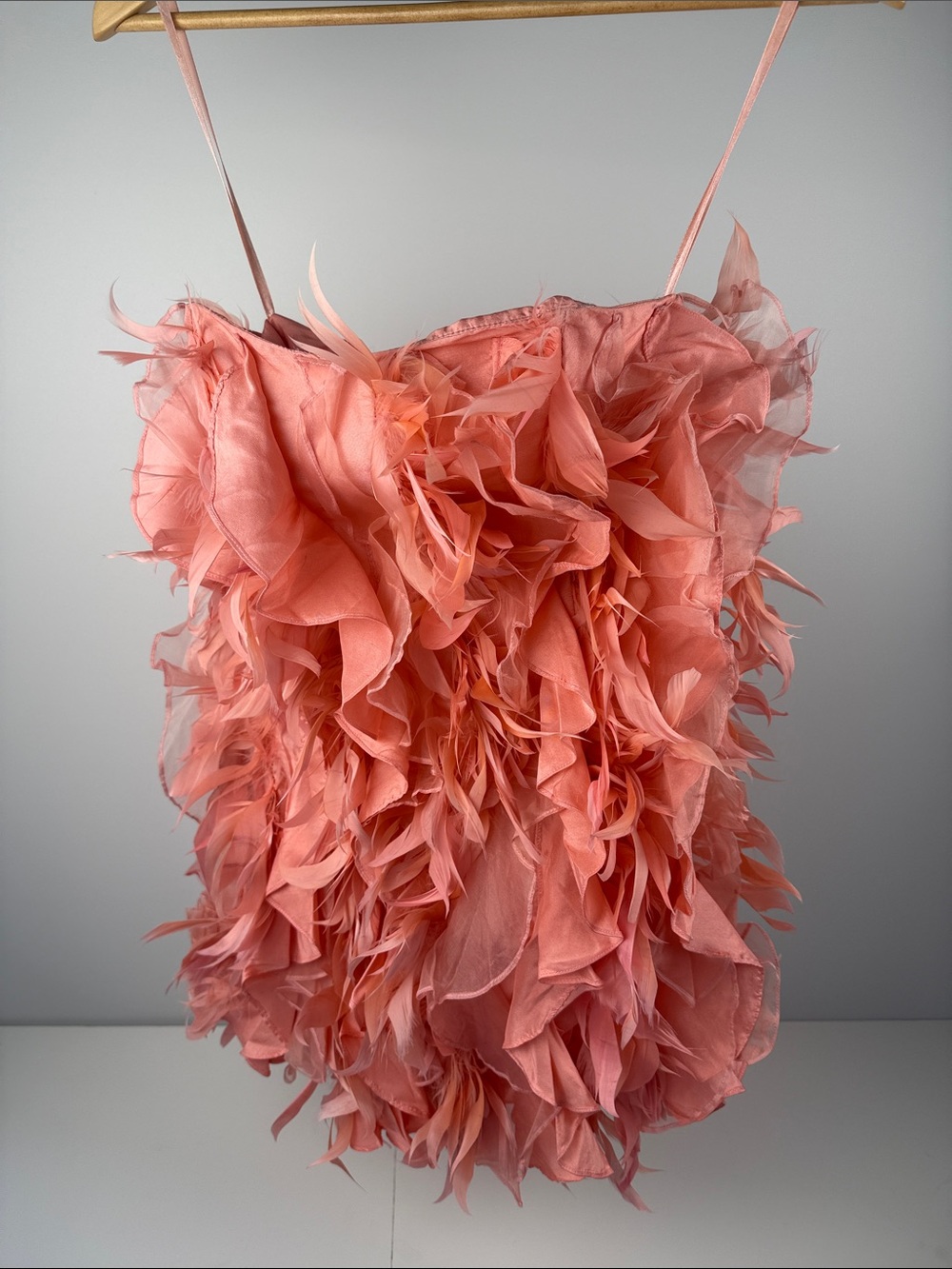 Silk Coral Feathered Short Mini Dress - Picture 3 of 11